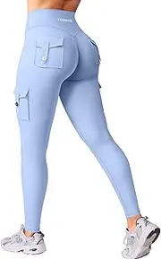 [YEOREO] Workout Cargo Leggings with Pockets for Women Hidden Scrunch Butt Lifting Hedda Leggings Compression Gym Yoga Pants Light Blue XXL