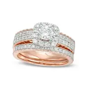 0.88 CT. T.W. Natural Diamond Cushion Frame Bridal Engagement Ring Set in Solid 10K Rose Gold