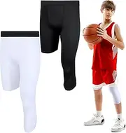 [Hercicy] 2 Packs Boys' Youth One Leg 3/4 Compression Tights for Basketball Capri Tights Athletic Base Layer Pants