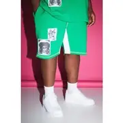 Mens Green Plus Loose Fit Mid Length Applique Patch Shorts