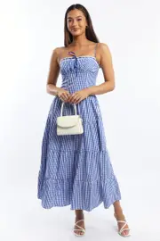 Blue Check Maxi Dress Satin Tape Detail - Size 16XL, Women's Maxi Dress