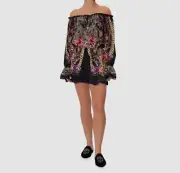$649 Camilla Women's Black Silk Off-The-Shoulder Self-Tie Romper Size XXS
