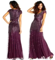Adrianna Papell Cap Sleeves V-Neck Beaded Sequined Maxi Dress Gown sz 14W $360
