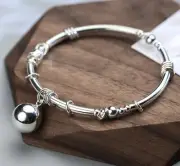 Real 925 Sterling Silver Bangle Women Lucky Glossy Ball Circle Bracelet