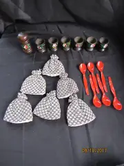 Vintage Set of 6 Wood Handpainted Poached Egg Cup Holders Covers Spoons Shaker