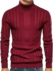 [Qolkmuiy-GJ] Men's Slim Fit Turtleneck Sweater Knitted Solid Pullover Sweaters Casual Stretch Twisted Knit Sweatshirt, Red, L