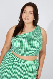 Green Check Crop Top One Shoulder Shirred