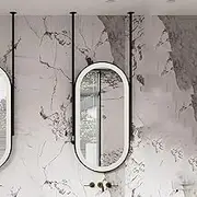 Oval Ceiling Mounted Mirror,Bathroom Wall Mirror with LED Light, Metal Framed Ceil Hanging Mirror for Vanity Makeup Shaving Mirror,Double Hanging Rod,50 * 90cm