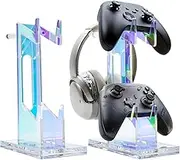 2 Tier Gaming RGB Light Headphone and Controller Stand, Iridescent Controller Holder with USB Charging Ports, PS5 Controller Holder for Xbox, Switch,Game Controller Holder Anti Slip Stable