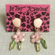 Betsey Johnson Pink Dangling Enamel Flower Pierced Pink Enamel Stud Earrings New
