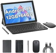 10 Inch Tablet Android 15 Tablets with keyboard 64GB ROM+12GB RAM (4+8 expansion), Supports 1TB Expansion 2MP+8MP 5G WiFi6 Tableta，6000mah, 2.0GHZ,1280*800 Tablet with Mouse/ Case/ Stylus/TYPE-C Cable