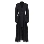 New Womens Blazer Skirts 2 Pcs Sets Long Jacket Suits Mesh Pleated Dresses Suits