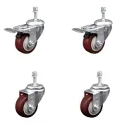 3.5 Inch SS Maroon Poly 3/8 Inch Threaded Stem Caster Set 2 Total Lock Brake SCC
