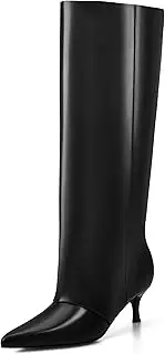 [MIRAAZZURRA] Knee High Boots Women Fold Over Boots Kitten Heel Pointed Toe Wide Calf Slouchy Pull on Women Boots