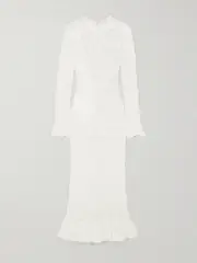[RABANNE] RABANNE - Ruffled Satin And Lace Midi Dress - White - FR 42 FR 42 White