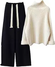[Generic] Women Warm Turtleneck Long Sleeve Pullover Sweater+High Waist Wide Leg Drawstring Knitted Pants Sets