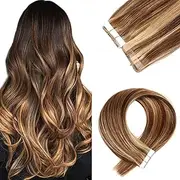 FUIBEJAE Tape in Hair Extensions Human Hair Invisible Tape in Human Real Hair Extensions Silky Straight for Women 20 Pcs/Package,#4/27 Dark Brown,16inch