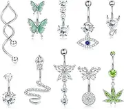 [Sanfenly] 10Pcs 14G Belly Button Bars 316L Surgical Stainless Steel Belly Button Piercing Dangly Cubic Zirconia Navel Rings Trendy Snake Butterfly Dangle Belly Bar