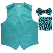 New Men's Formal Vest Tuxedo Waistcoat blue ZEBRA Bowtie & Hankie wedding prom