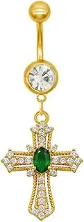 [Niaspi] 14G Green Crystal Cross Dangle Belly Button Ring 18K Gold Plated Stainless Steel Cubic Zirconia Cross Navel Rings Belly Curved Barbell Body Piercing Jewelry for Women, Large, Stainless Steel,