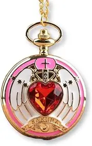 [Pidak] Magic Pocket Watch | Pendant with Red Gemstone in Heart Shape | Gold-Plated Metal with Decorative Wings | Diameter 5 cm | Chain 55 cm | Fantasy and Cosplay Accessories, Silver/Black, XL, Silver