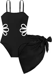 [Arssm] Girls One Piece Swimsuits Cut Out Bathing Suit with Cover Up Skirt Swimwear 8-14Y