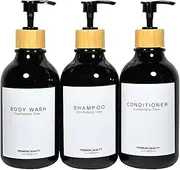 Gails Willing Shampoo & Conditioner Bottles, Apothecary Dispenser Bamboo Pump, Refillable Shampoo Bottles for Shampoo Lotion Oil Shower Soap Hand Soap & Dish Soap, Plastic Black Set (Black)