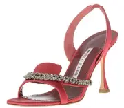 $995 NEW Manolo Blahnik TRIOSLA 90 Red Satin Sandals Jeweled Heels Shoes 40.5