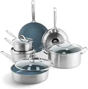 GreenPan Treviso Stainless Steel Healthy Ceramic Nonstick, 10 Piece Cookware Pots and Pans Set, PFAS-Free, Clad, Induction, Dishwasher Safe, Silver