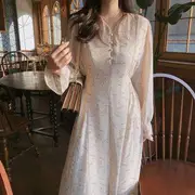 Long-Sleeve V-Neck Floral Print Midi Chiffon Dress Off White - L