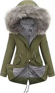 [JEShifangjiusu] Women's Loose Zip Warm Pad Parker Hood 1/2 Piece Set with Cushion Loose Wool Winter Coat Hooded Tunic with Wool Collar, Green, XX-Large