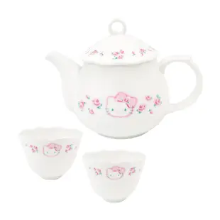 【Sanrio三麗鷗】凱蒂貓優雅玫瑰骨瓷茶壺3件組（1壺+2茶杯） 原價:1520〔限時促銷〕