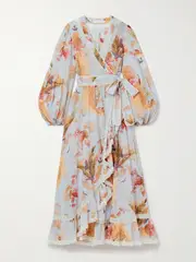 [Zimmermann] Zimmermann - Ascension Lace-trimmed Tiered Printed Cotton-voile Midi Wrap Dress - Blue - 1 1 Blue
