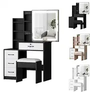 ALFORDSON 4-Drawer Vanity Set, Lockable Drawer & Sliding Mirror, Bedroom Vanity Table, 80x36x131.5cm, Black/White - 3 Color Lights, Hidden Storage Stool