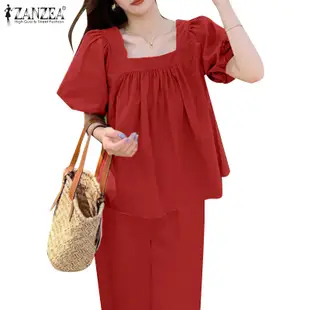 Zanzea 女士韓版日常休閒泡泡袖方領純色套裝