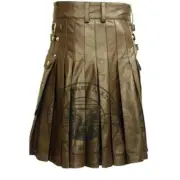 Handcrfted Men's Brown Genuine Leather Utility Kilt Twin Cargo Pockets