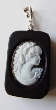 Master Hand carved Sardonyx cameo set in African Ebony wood and Italian silver