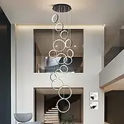 Modern Staircase Chandelier Lighting for Villa High Ceiling,Creative 12/15/18 Lights Ring Pendant Light,300cm Adjustable Height Hanging Lamp Ceiling Light for Foyer,Enterway(15 Lights, Black)