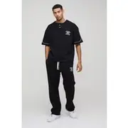 Mens Black Oversized Boxy Varsity Piping Long Set