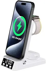 4-in-1 Charging Stand 15W Fast Magnetic Wireless Charging Station with Clock, for Phone Charging Holder,Compatible with i Phone S AMSUNG (B)
