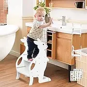 Wooden Kitchen Step Stool Helper for Bathroom Sink, Adjustable 2 in 1 Toddler Tower with Safety Rail and Anti-Slip Steps, Kids Learning Standing Tower for Counter, Toilet Potty Training (White)
