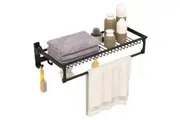 Giantex Wall Mounted Bathroom Shelf Aluminum Shower Storage Rack Foldable Towel Holder Organiser w/Towel Bar & Movable Hooks