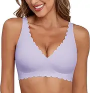 [Xcutting] Deep V Neck Wireless Bras for Women No Underwire Scalloped Seamless Bralettes Petal Wavy Womens Bras with Extender