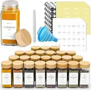 24 Pcs Glass Spice Jars with Bamboo Lids, 4 oz Glass Jars with Minimalist Farmhouse Spice Labels Stickers, Collapsible Funnel, Seasoning Storage Bottles for Spice Rack, Cabinet, Drawer