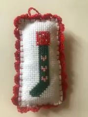finished completed cross stitch stocking on white Ornament crochet border L