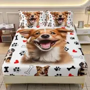 Cute Dog Fitted Sheet Set Size, 3-Piece, 1 Fitted Sheet and 2 Full Puppy26