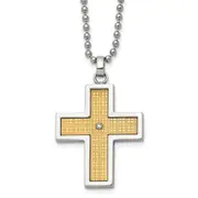 Stainless Steel Chisel Polished With 14K Gold Accent .01 Carat Diamond Cross Pendant On A 22 Inch Ball Chain Necklace