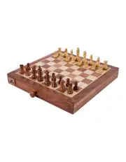 [Jenjo] Portable Carved Sheesham Chess And Checker Board Set