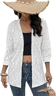 [Generic] Elegant Lace Open Front Jacket for Women Lightweight Beach Sheer Cover up Cardigan White