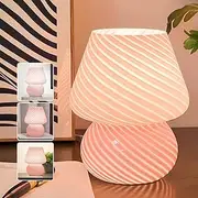 Clora Glass Table Bedside Lamps Mushroom Lamp Translucent Vintage Style Striped Night Light Home Decor (Pink)